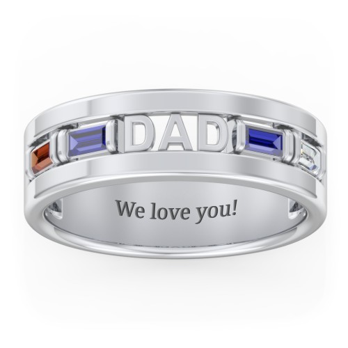 Men’s “Dad” Family Ring with Baguette Birthstones – Sterling Silver with Garnet, Blue Sapphire, and Cubic Zirconia