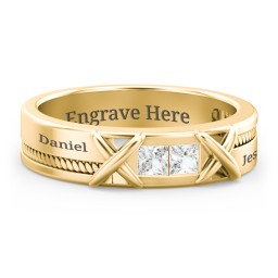 Men's 2-Stone Family Ring with “X” Stitch Detail