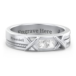 Men's 2-Stone Family Ring with “X” Stitch Detail