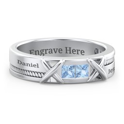 Men's 2-Stone Family Ring with “X” Stitch Detail
