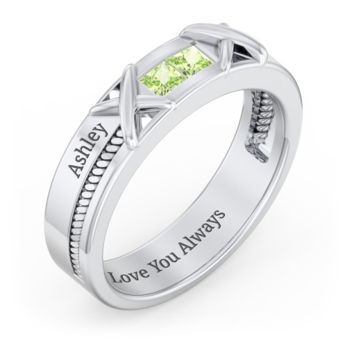 Men's 2-Stone Family Ring with “X” Stitch Detail – Sterling Silver with Peridot