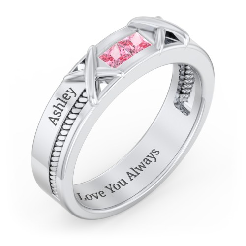 Men's 2-Stone Family Ring with “X” Stitch Detail – Sterling Silver with Pink Tourmaline