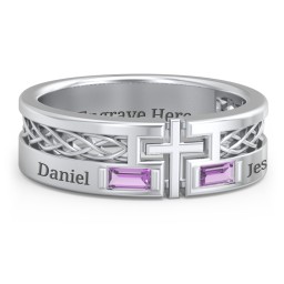 Men’s Cross Ring with East-West Baguette Gemstones in 925 Sterling Silver with Amethyst