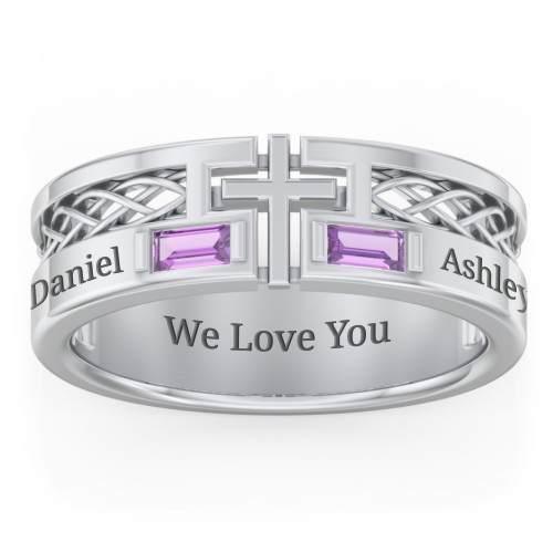 Men’s Cross Ring with East-West Baguette Gemstones – Sterling Silver with Amethyst