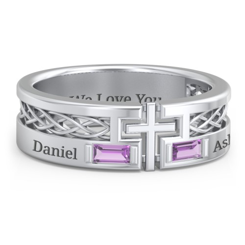 Men’s Cross Ring with East-West Baguette Gemstones – Sterling Silver with Amethyst