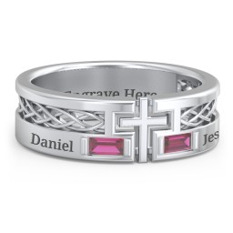 Men’s Cross Ring with East-West Baguette Gemstones in 925 Sterling Silver with Ruby