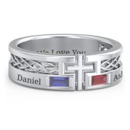 Men’s Cross Ring with East-West Baguette Gemstones in 925 Sterling Silver with Blue Sapphire and Garnet