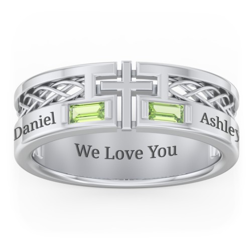 Men’s Cross Ring with East-West Baguette Gemstones – Sterling Silver with Peridot