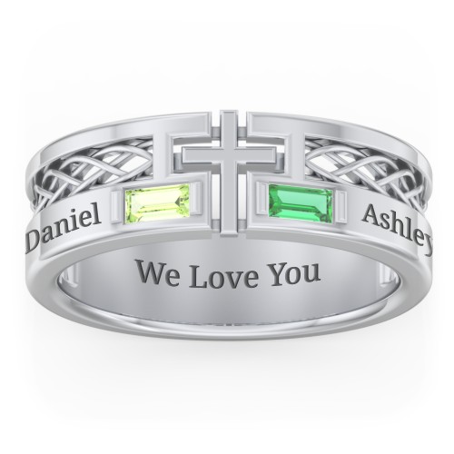 Men’s Cross Ring with East-West Baguette Gemstones – Sterling Silver with Peridot and Emerald