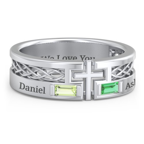 Men’s Cross Ring with East-West Baguette Gemstones – Sterling Silver with Peridot and Emerald