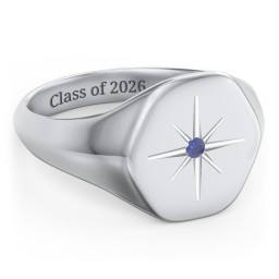 Men’s Star Set Hexagon Signet Ring in 925 Sterling Silver with Blue Sapphire