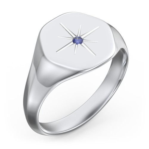 Men’s Star Set Hexagon Signet Ring – Sterling Silver with Blue Sapphire