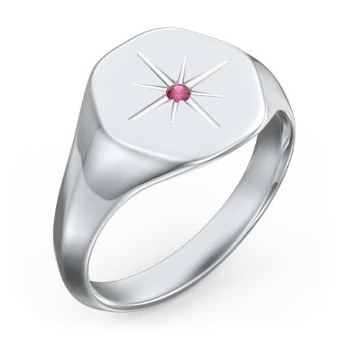 Men’s Star Set Hexagon Signet Ring – Sterling Silver with Ruby