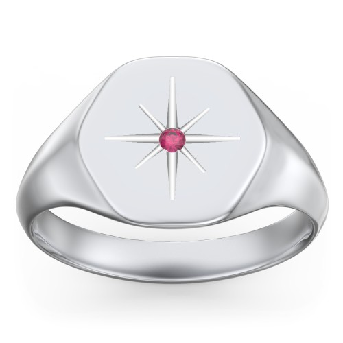 Men’s Star Set Hexagon Signet Ring – Sterling Silver with Ruby