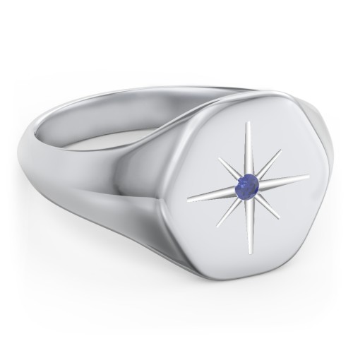 Men’s Star Set Hexagon Signet Ring – Sterling Silver with Blue Sapphire