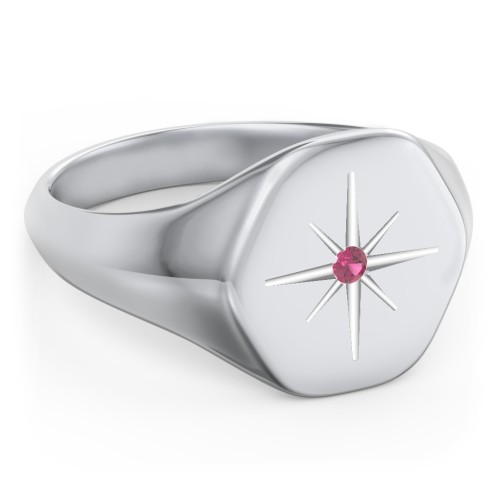 Men’s Star Set Hexagon Signet Ring – Sterling Silver with Ruby