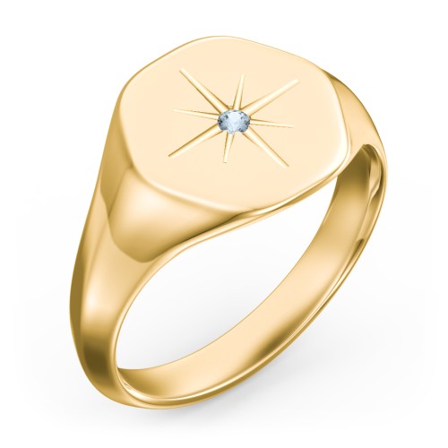 Men’s Star Set Hexagon Signet Ring – 10K Yellow Gold with Blue Topaz