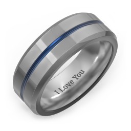 Men's Tungsten Ring with Blue Groove and Beveled Edge