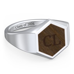Men's Engravable Wood Hexagon Signet Ring - Walnut in 925 Sterling Silver