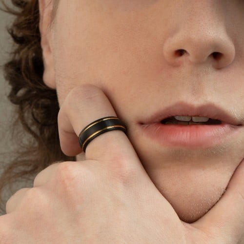 Men's Black Tungsten Dome Ring with 18K Yellow Gold Detailing