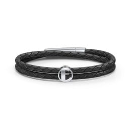 Menβs Leather Sterling Silver Round "E" Initial Bracelet