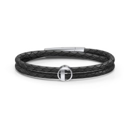 Menβs Leather Sterling Silver Round "F" Initial Bracelet