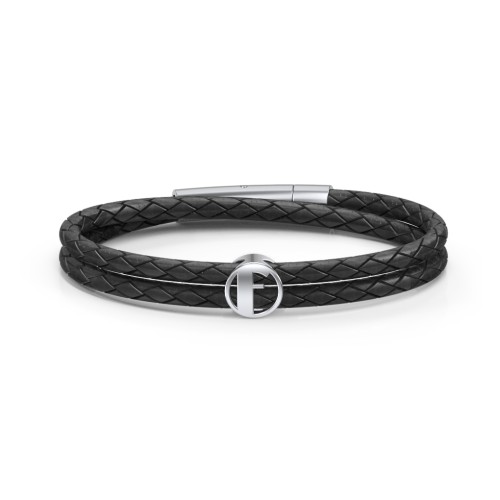 Men’s Leather Sterling Silver Round "F" Initial Bracelet – Sterling Silver