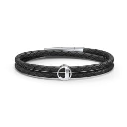 Men’s Leather Sterling Silver Round "J" Initial Bracelet