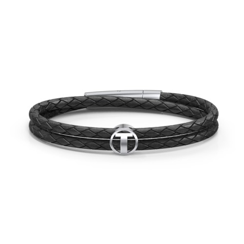 Men’s Leather Sterling Silver Round "T" Initial Bracelet