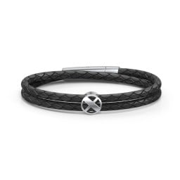 Men’s Leather Sterling Silver Round "X" Initial Bracelet