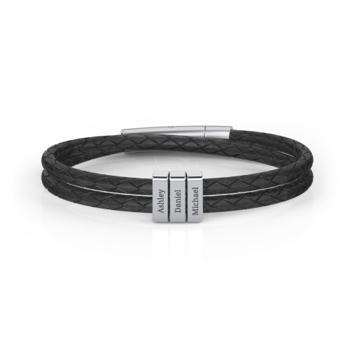 Men’s Engravable Sterling Silver Vertical 3-Bar Leather Bracelet – Sterling Silver