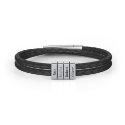 Men’s Engravable Sterling Silver Vertical 4-Bar Leather Bracelet in 925 Sterling Silver