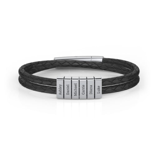 Men’s Engravable Sterling Silver Vertical 6-Bar Leather Bracelet