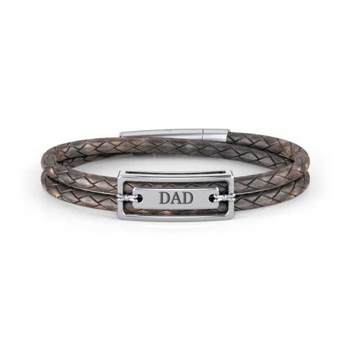 Men’s Antique Brown Leather Sterling Silver Engravable Nametag Bracelet – Sterling Silver