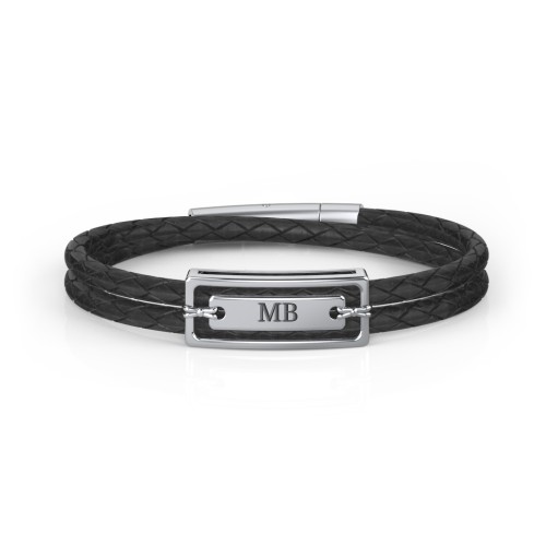 Men’s Black Leather Sterling Silver Engravable Nametag Bracelet – Sterling Silver