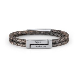 Men’s Antique Brown Leather Sterling Silver Engravable Rectangle Bracelet in 925 Sterling Silver