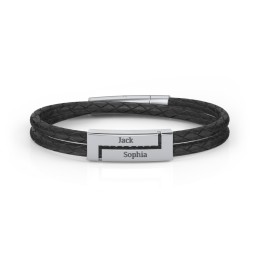 Men’s Black Leather Sterling Silver Engravable Rectangle Bracelet in 925 Sterling Silver