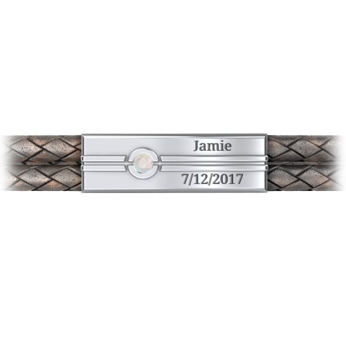 Men’s Antique Brown Leather Sterling Silver Engravable Gemstone Rectangle Bracelet