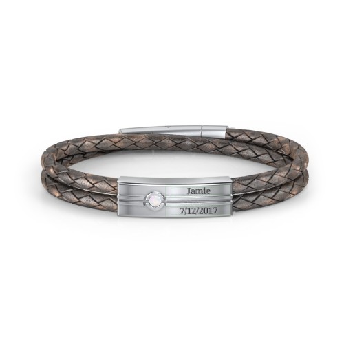 Men’s Antique Brown Leather Sterling Silver Engravable Gemstone Rectangle Bracelet