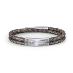 Men’s Antique Brown Leather Sterling Silver Engravable Gemstone Rectangle Bracelet – Sterling Silver with Ruby