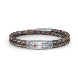 Men’s Antique Brown Leather Sterling Silver Engravable Gemstone Rectangle Bracelet in 925 Sterling Silver with Ruby