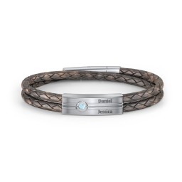 Men’s Antique Brown Leather Sterling Silver Engravable Gemstone Rectangle Bracelet in 925 Sterling Silver with Blue Topaz