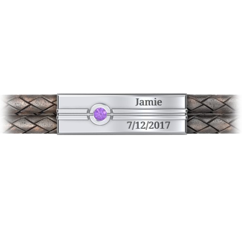 Men’s Antique Brown Leather Sterling Silver Engravable Gemstone Rectangle Bracelet – Sterling Silver with Amethyst