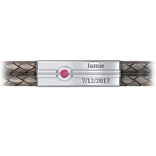 Men’s Antique Brown Leather Sterling Silver Engravable Gemstone Rectangle Bracelet – Sterling Silver with Ruby