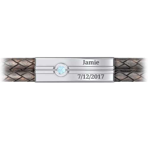 Men’s Antique Brown Leather Sterling Silver Engravable Gemstone Rectangle Bracelet – Sterling Silver with Blue Topaz