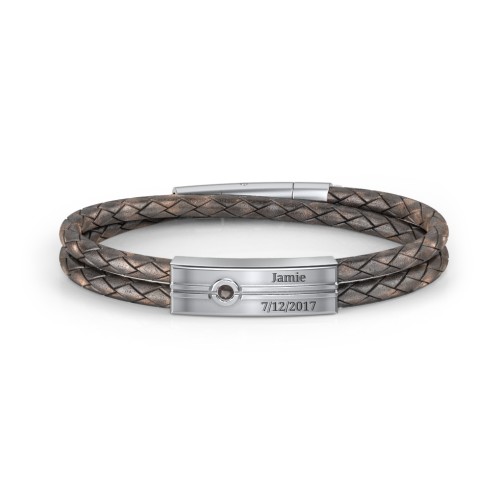 Men’s Antique Brown Leather Sterling Silver Engravable Gemstone Rectangle Bracelet – Sterling Silver with Smokey Quartz