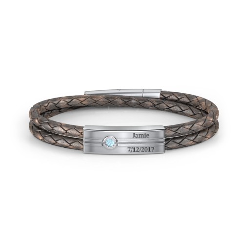 Men’s Antique Brown Leather Sterling Silver Engravable Gemstone Rectangle Bracelet – Sterling Silver with Blue Topaz