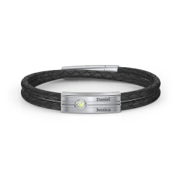 Men’s Black Leather Sterling Silver Engravable Gemstone Rectangle Bracelet