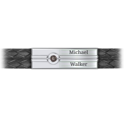 Men’s Black Leather Sterling Silver Engravable Gemstone Rectangle Bracelet
