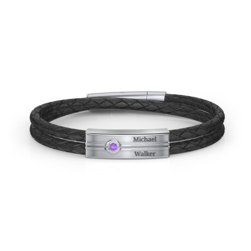 Men’s Black Leather Sterling Silver Engravable Gemstone Rectangle Bracelet – Sterling Silver with Amethyst